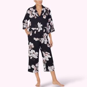 DONNA KARAN Dark Floral Print Two Piece Pajama Set Cropped Leg Oversize Top Sz S